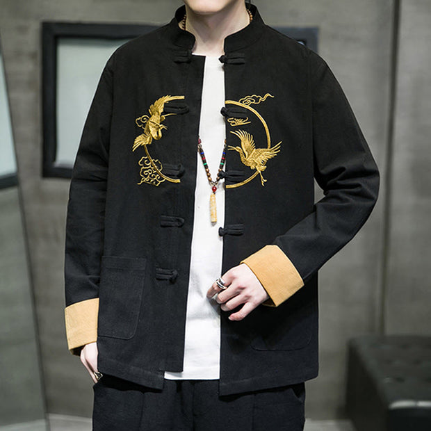 Buddha Stones Embroidered Golden Cranes Auspicious Clouds Frog-Button Cotton Linen Men's Shirt - image 17