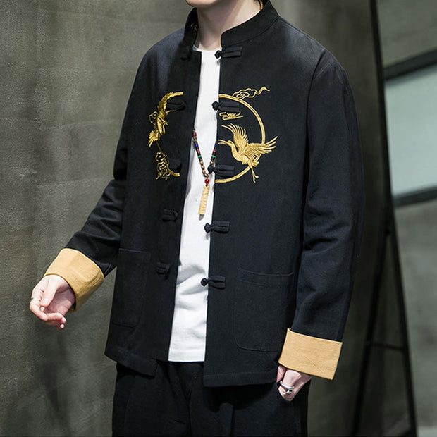 Buddha Stones Embroidered Golden Cranes Auspicious Clouds Frog-Button Cotton Linen Men's Shirt - image 15