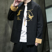 Buddha Stones Embroidered Golden Cranes Auspicious Clouds Frog-Button Cotton Linen Men's Shirt - image 19