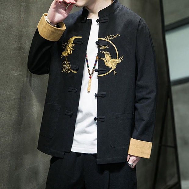 Buddha Stones Embroidered Golden Cranes Auspicious Clouds Frog-Button Cotton Linen Men's Shirt - image 19