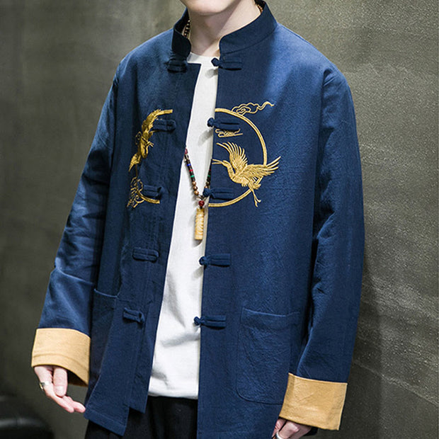 Buddha Stones Embroidered Golden Cranes Auspicious Clouds Frog-Button Cotton Linen Men's Shirt - image 23