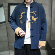 Buddha Stones Embroidered Golden Cranes Auspicious Clouds Frog-Button Cotton Linen Men's Shirt - image 27