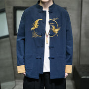 Buddha Stones Embroidered Golden Cranes Auspicious Clouds Frog-Button Cotton Linen Men's Shirt - image 26
