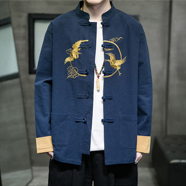 Buddha Stones Embroidered Golden Cranes Auspicious Clouds Frog-Button Cotton Linen Men's Shirt - image 26