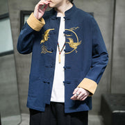 Buddha Stones Embroidered Golden Cranes Auspicious Clouds Frog-Button Cotton Linen Men's Shirt - image 22