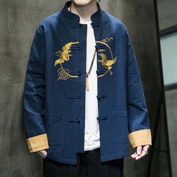 Buddha Stones Embroidered Golden Cranes Auspicious Clouds Frog-Button Cotton Linen Men's Shirt - image 28