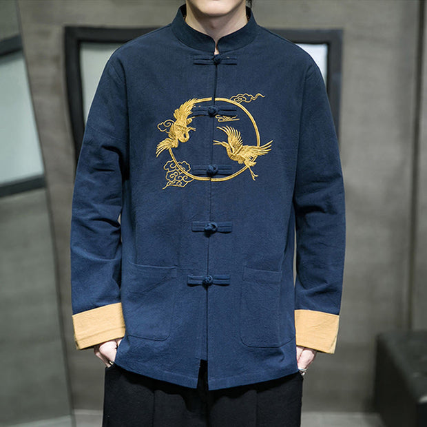 Buddha Stones Embroidered Golden Cranes Auspicious Clouds Frog-Button Cotton Linen Men's Shirt - image 25