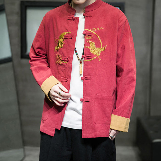 Buddha Stones Embroidered Golden Cranes Auspicious Clouds Frog-Button Cotton Linen Men's Shirt - image 30
