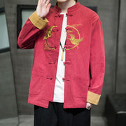 Buddha Stones Embroidered Golden Cranes Auspicious Clouds Frog-Button Cotton Linen Men's Shirt - image 33