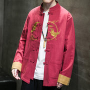 Buddha Stones Embroidered Golden Cranes Auspicious Clouds Frog-Button Cotton Linen Men's Shirt - image 34