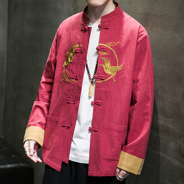 Buddha Stones Embroidered Golden Cranes Auspicious Clouds Frog-Button Cotton Linen Men's Shirt - image 34