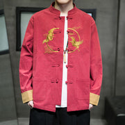 Buddha Stones Embroidered Golden Cranes Auspicious Clouds Frog-Button Cotton Linen Men's Shirt - image 35