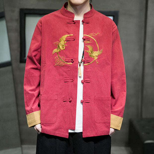 Buddha Stones Embroidered Golden Cranes Auspicious Clouds Frog-Button Cotton Linen Men's Shirt - image 35