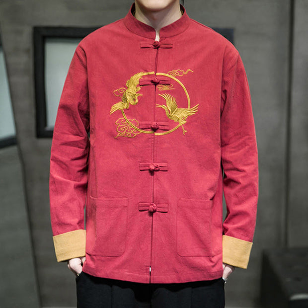 Buddha Stones Embroidered Golden Cranes Auspicious Clouds Frog-Button Cotton Linen Men's Shirt - image 31