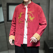 Buddha Stones Embroidered Golden Cranes Auspicious Clouds Frog-Button Cotton Linen Men's Shirt - image 36