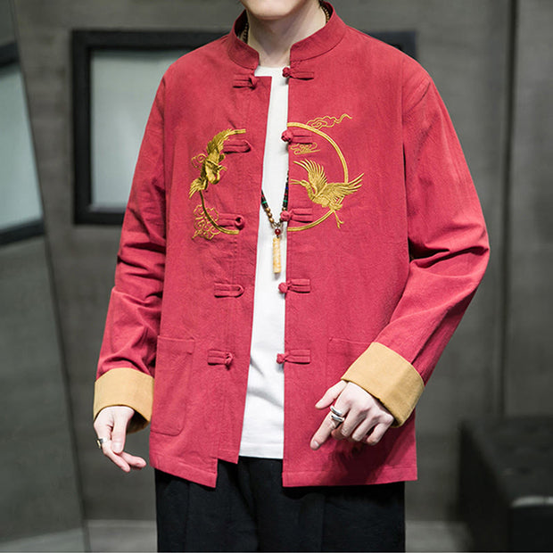 Buddha Stones Embroidered Golden Cranes Auspicious Clouds Frog-Button Cotton Linen Men's Shirt - image 36