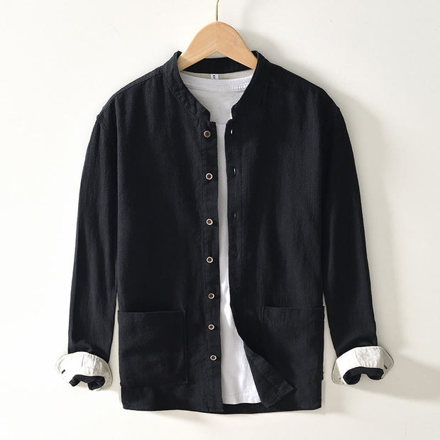 Buddha Stones Fall Solid Long Sleeve Buttons Men's Ramie Cotton Shirt With Pockets - Black - US/UK/AU42，EU52 (3XL) - image 0