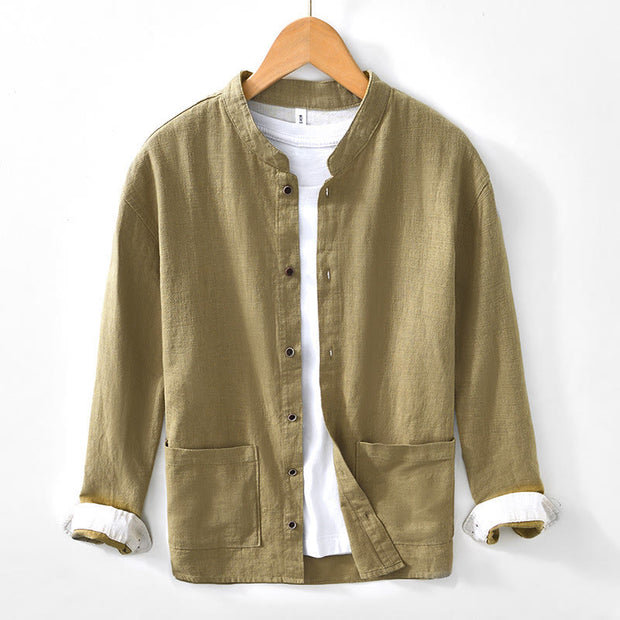 Buddha Stones Fall Solid Long Sleeve Buttons Men's Ramie Cotton Shirt With Pockets - Khaki - US/UK/AU42，EU52 (3XL) - image 24