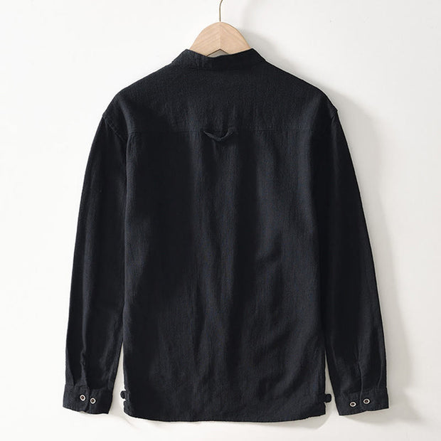 Buddha Stones Fall Solid Long Sleeve Buttons Men's Ramie Cotton Shirt With Pockets - image 2