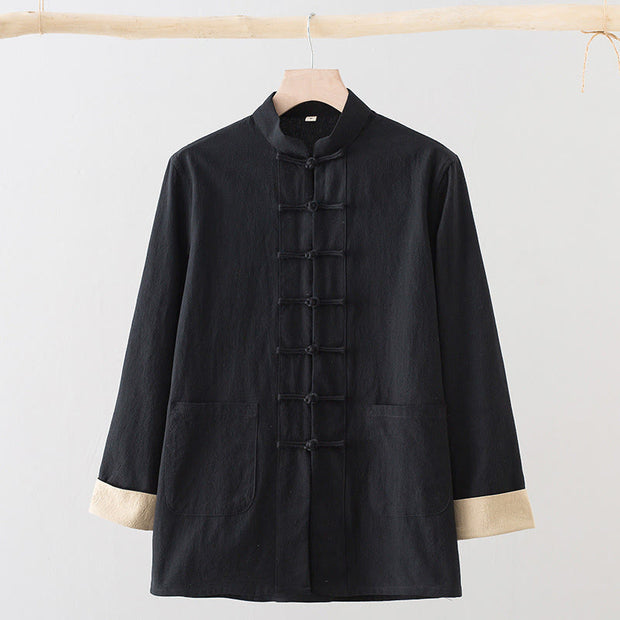 Buddha Stones Solid Long Sleeve Frog-Button Design Cotton Men's Shirt - Black - US/UK/AU44，EU54 (4XL) - image 9