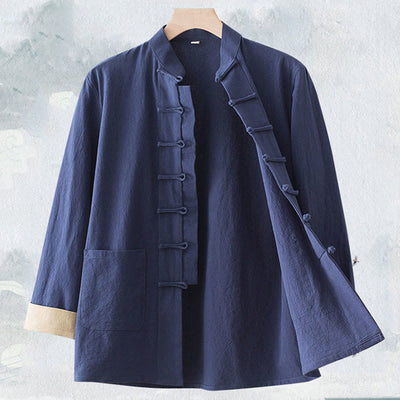 Buddha Stones Solid Long Sleeve Frog-Button Design Cotton Men's Shirt - SteelBlue - US/UK/AU44，EU54 (4XL) - image 0