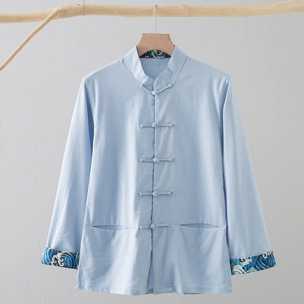 Buddha Stones Solid Embroidered Waves Long Sleeve Frog-Button Cotton Linen Men's Shirt - LightBlue - US/UK/AU44，EU54 (4XL) - image 15