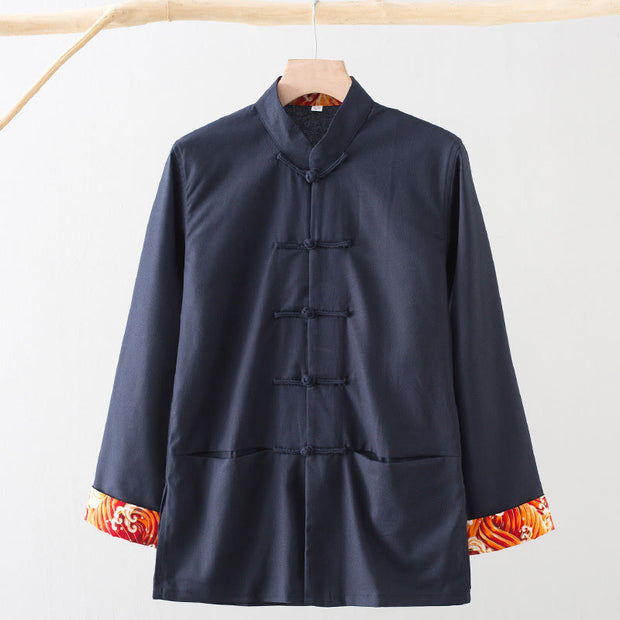 Buddha Stones Solid Embroidered Waves Long Sleeve Frog-Button Cotton Linen Men's Shirt - SteelBlue - US/UK/AU44，EU54 (4XL) - image 12