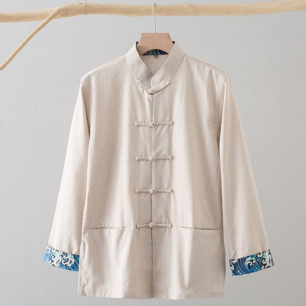 Buddha Stones Solid Embroidered Waves Long Sleeve Frog-Button Cotton Linen Men's Shirt - Beige - US/UK/AU44，EU54 (4XL) - image 14