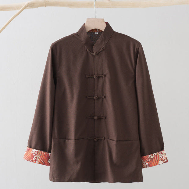 Buddha Stones Solid Embroidered Waves Long Sleeve Frog-Button Cotton Linen Men's Shirt - Sienna - US/UK/AU44，EU54 (4XL) - image 11