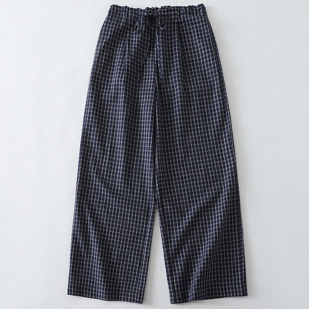 Buddha Stones Casual Plaid Pattern Women's Cotton Wide Leg Pants With Pockets - MidnightBlue - US8-10，UK/AU12-14，EU40-42 (2XL) - image 0