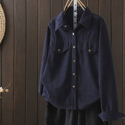 Buddha Stones Commute Plain Buttons Cotton Corduroy Women's Long Sleeve Shirt - MidnightBlue - US8-10，UK/AU12-14，EU40-42 (2XL) - image 0