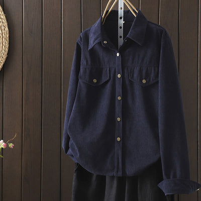 Buddha Stones Commute Plain Buttons Cotton Corduroy Women's Long Sleeve Shirt - MidnightBlue - US8-10，UK/AU12-14，EU40-42 (2XL) - image 0