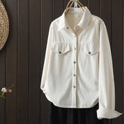 Buddha Stones Commute Plain Buttons Cotton Corduroy Women's Long Sleeve Shirt - FloralWhite - US8-10，UK/AU12-14，EU40-42 (2XL) - image 7