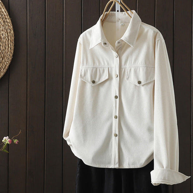 Buddha Stones Commute Plain Buttons Cotton Corduroy Women's Long Sleeve Shirt - FloralWhite - US8-10，UK/AU12-14，EU40-42 (2XL) - image 7