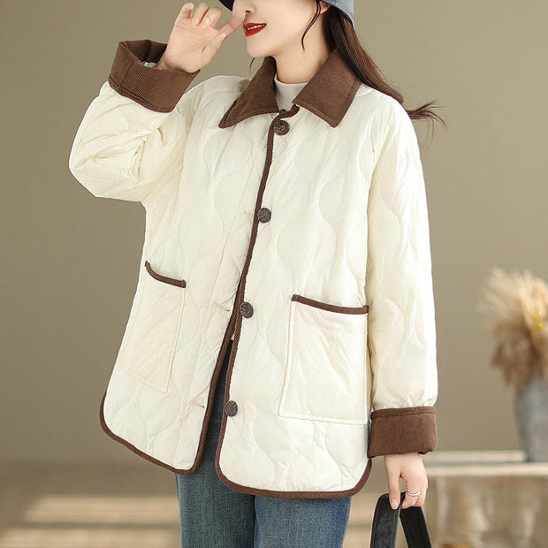 Buddha Stones Contrasting Color Lapel Women's Long Sleeve Cotton Jacket With Pockets - image 2