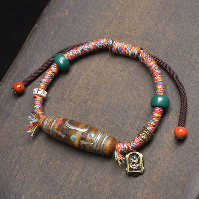 Buddha Stones Handcrafted Tibetan Nine-eye Dzi Bead Protection Rope Bracelet - Colored Ropes & Nine-Eye Dzi Bead (Wrist Circumference: 16-17cm) - image 0