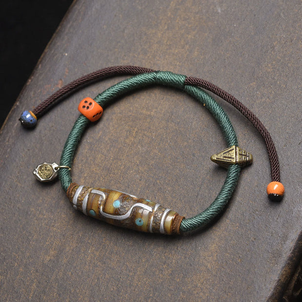 Buddha Stones Handcrafted Tibetan Nine-eye Dzi Bead Protection Rope Bracelet - Green Rope & Nine-Eye Dzi Bead (Wrist Circumference: 16-17cm) - image 7