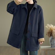 Buddha Stones Plain Lapel Buttons Design Women's Long Sleeve Quilted Cotton Jacket With Pockets - MidnightBlue - US12，UK/AU16，EU44 (XL) - image 12