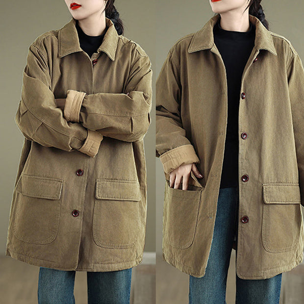 Buddha Stones Plain Lapel Buttons Design Women's Long Sleeve Quilted Cotton Jacket With Pockets - image 19