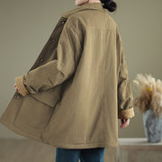 Buddha Stones Plain Lapel Buttons Design Women's Long Sleeve Quilted Cotton Jacket With Pockets - image 17