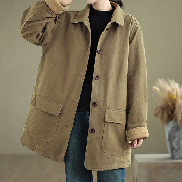 Buddha Stones Plain Lapel Buttons Design Women's Long Sleeve Quilted Cotton Jacket With Pockets - Olive - US12，UK/AU16，EU44 (XL) - image 15