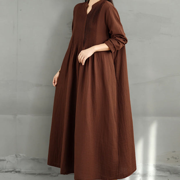 Buddha Stones Plain Long Sleeve Notched Collar Double-layer Cotton Midi Dress With Pockets - image 6