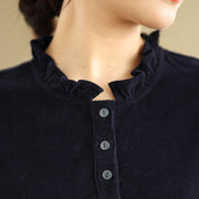 Buddha Stones MidnightBlue Lace-Up Design Ruffled Crew Neck Cotton Corduroy Midi Dress With Pockets - image 9