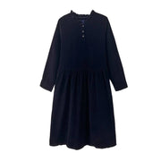 Buddha Stones MidnightBlue Lace-Up Design Ruffled Crew Neck Cotton Corduroy Midi Dress With Pockets - image 13