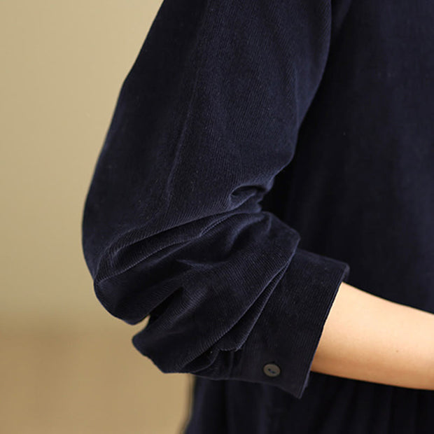 Buddha Stones MidnightBlue Lace-Up Design Ruffled Crew Neck Cotton Corduroy Midi Dress With Pockets - image 11