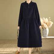 Buddha Stones MidnightBlue Lace-Up Design Ruffled Crew Neck Cotton Corduroy Midi Dress With Pockets - image 4