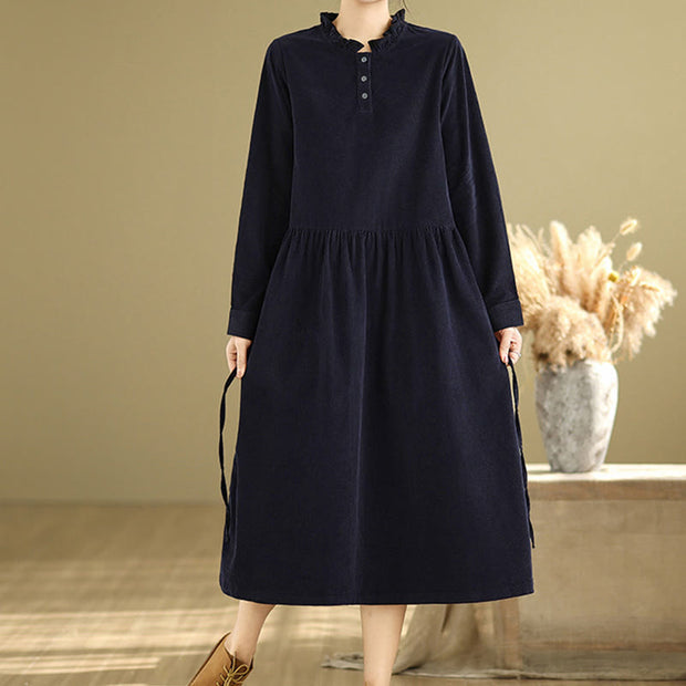 Buddha Stones MidnightBlue Lace-Up Design Ruffled Crew Neck Cotton Corduroy Midi Dress With Pockets - image 4