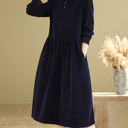 Buddha Stones MidnightBlue Lace-Up Design Ruffled Crew Neck Cotton Corduroy Midi Dress With Pockets - image 6
