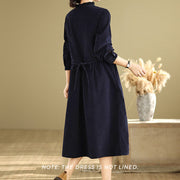 Buddha Stones MidnightBlue Lace-Up Design Ruffled Crew Neck Cotton Corduroy Midi Dress With Pockets - image 1