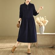 Buddha Stones MidnightBlue Lace-Up Design Ruffled Crew Neck Cotton Corduroy Midi Dress With Pockets - image 2
